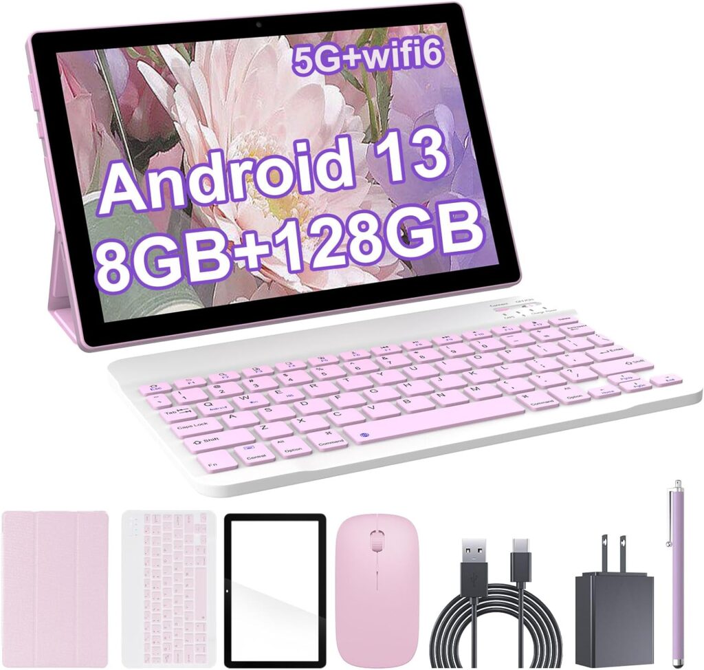 2 in 1 Tablet, 10 inch Android 11 Tablet with Keyboard 4GB+64GB+512GB Expand Dual Camera, IPS Touch Screen Tablet Computer, WiFi, Bluetooth, Long Battery Life, Google Certified Tablet PC, Pink