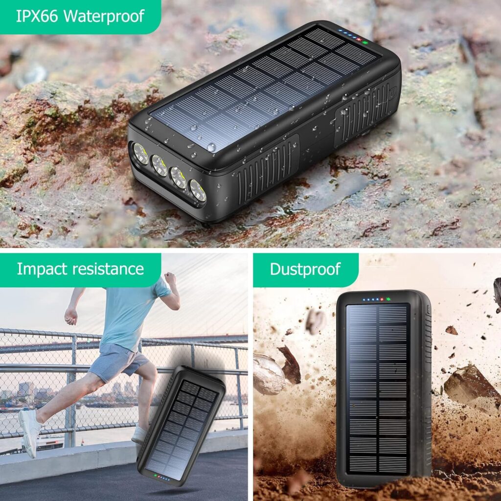 boogostore Solar Charger Power Bank 63200mAh, Portable Charger with Dual Outputs  Dual Inputs 4 LEDs Flashlight, Hand Crank Power Bank Fast Charging Battery Pack for Outdoor Camping Survival Gear
