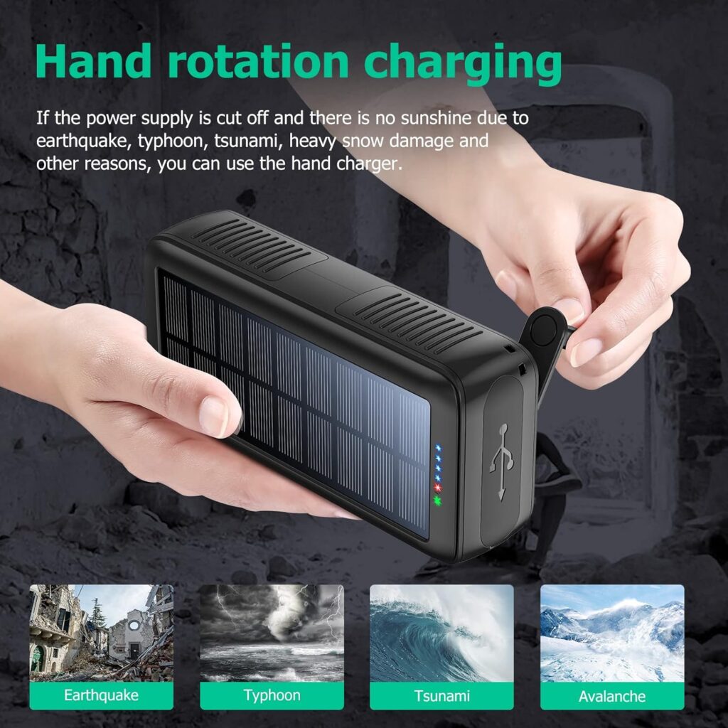 boogostore Solar Charger Power Bank 63200mAh, Portable Charger with Dual Outputs  Dual Inputs 4 LEDs Flashlight, Hand Crank Power Bank Fast Charging Battery Pack for Outdoor Camping Survival Gear