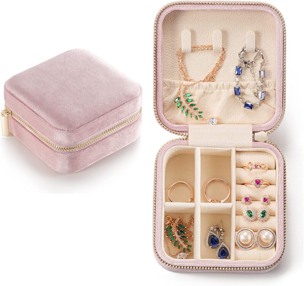 Mini Jewelry Travel Case,Small Jewelry Box,Traveling Jewelry Organizer,Portable Jewellery Storage Holder for Rings Earrings Necklace Bracelet Bangle Organizer,Boxes Gifts for Girls Women(PU-Pink)