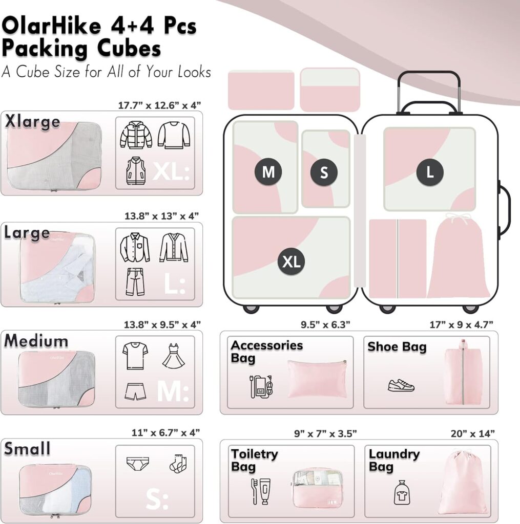 OlarHike 8 Packing Cubes Set, 4 Sizes (Extra Large, Large, Medium, Small) for Luggage Organizer, Travel Accessories and Essentials, Carry On Suitcases (Cream)