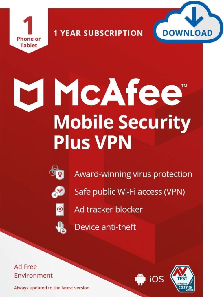 [Old Version] McAfee Mobile Security Plus VPN 2021, 1 Phone or Tablet, Antivirus Software, Internet Security, 1 year - Download Code