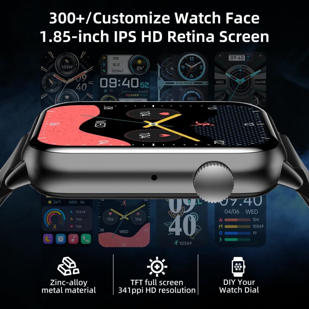 Smart Watch with 341PPI Retina Screen, 1.85 Watches for Men Women Bluetooth Call, 37 Sports Mode Fitness Tracker Watch with IP68 Waterproof, Heart Rate/Sleep Monitor/Steps  Calories Counter