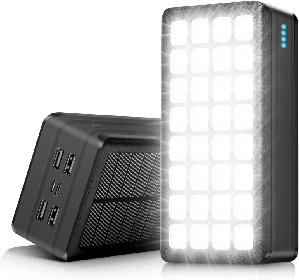 Solar Charger Power Bank 60000mAh, Portable Solar Battery Charger with 32 LED Lights, External Battery Pack Compatible with iPhone, Cell Phone,Tablet for Camping, Emergency, 4 Output  2 Input Ports