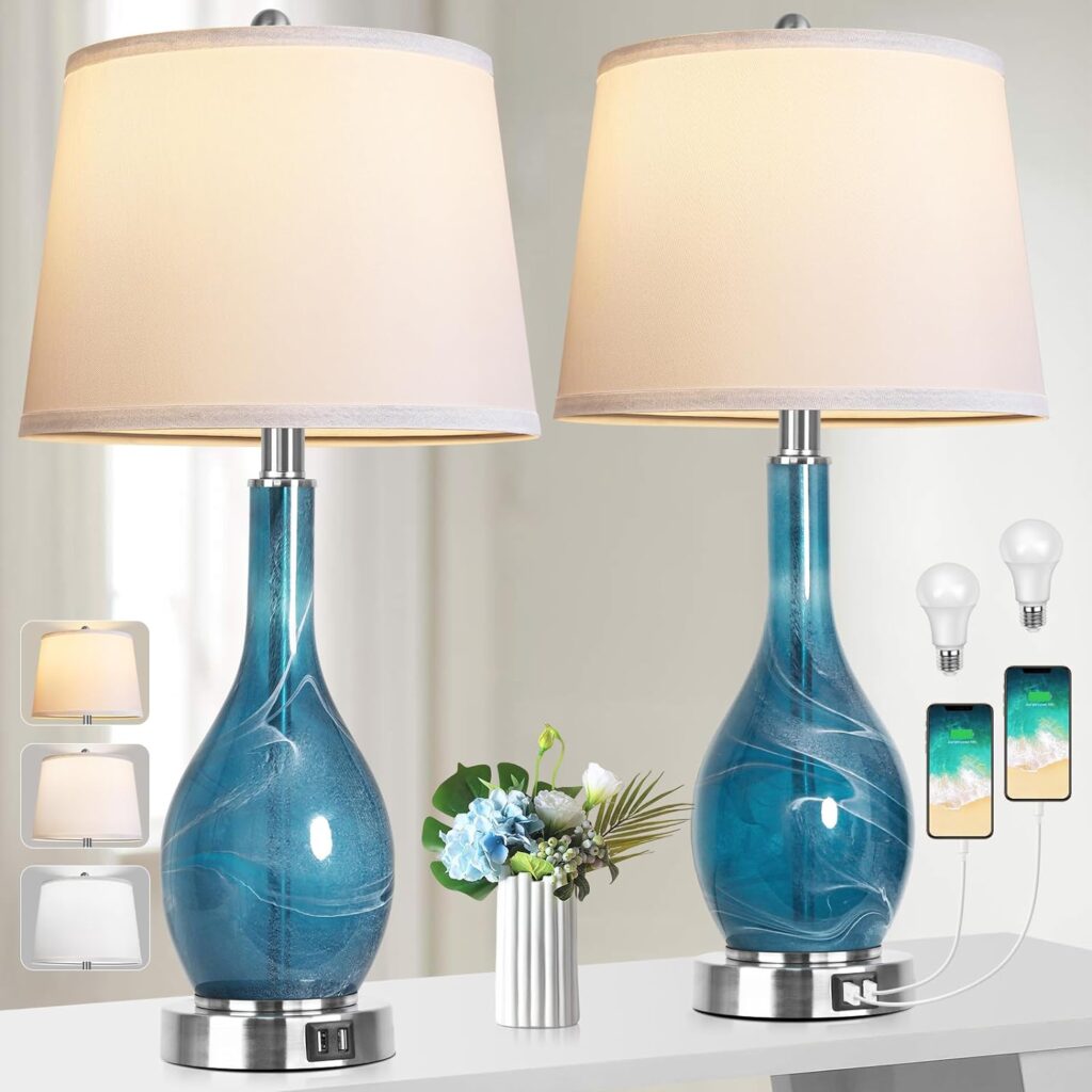 Table Lamps Set of 2, Modern Blue Glass Bedside Lamps with 2 USB Ports, 25 3-Color Temperature Coastal Nightstand Lamp with White Fabric Shade for Living Room, Bedroom (LED Bulbs Included)