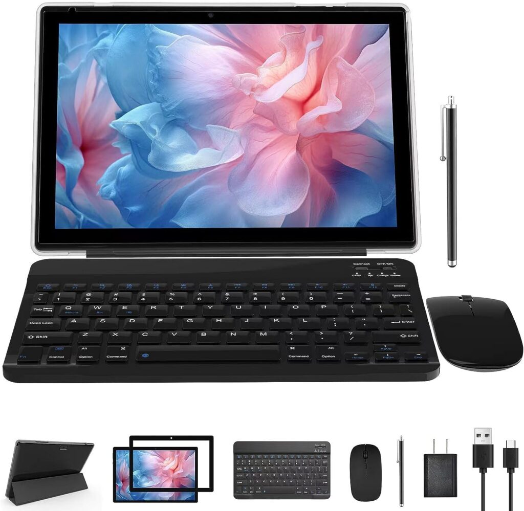 Tablet 2 in 1 Tablets 10 inch Android 12 Tablet Set with Keyboard Case Mouse Stylus Film, 4GB+64GB Tablets 10.1 Tab 1280*800 HD Touch Screen, 8MP Dual Camera Games Wi-Fi Bluetooth Tableta PC Black.