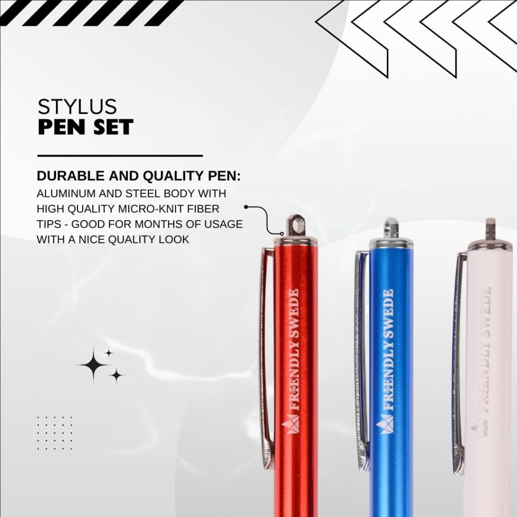 The Friendly Swede Micro-Knit Mesh Tip Capacitive Stylus Pens for Touch Screens with Replaceable Fiber Tip, Stylus Pen for iPad, iPad Pen, iPad Stylus, Styluses, Stylus Pen for iPhone (3 Pack)