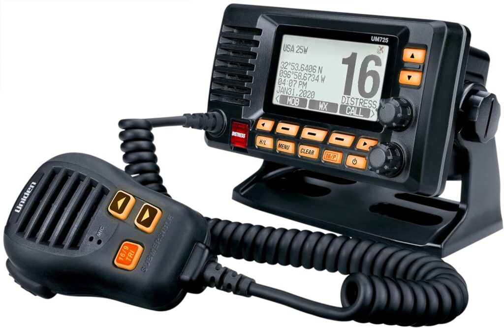 Uniden UM725GBK Marine VHF Radio, All USA, Canada, and Intl. Marine Channels, 1Watt/25Watt Transmit Power, Largest LCD Screen in Class, NOAA Weather Channels w/Alerts, Speaker Mic, GPS Built-in.