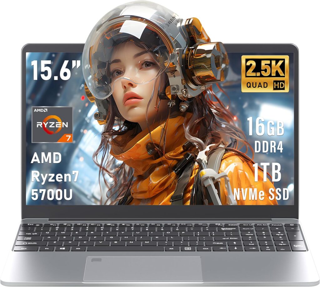 [Win 11/Office 2019 15.6 2.5K FHD Display (2560 * 1440) Gaming Laptop, 240Hz,8-core AMD R7 5700U (up to 4.3GHz), LPDDR4 16G RAM 1TB NVMe SSD, Backlit KB/Type-C/8000Mah Battery Life, Gray