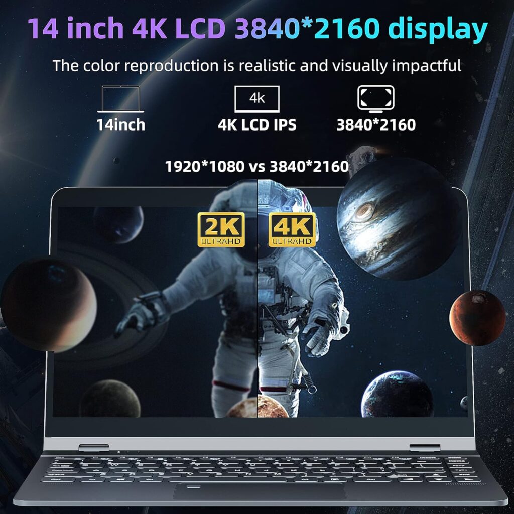 ZWYING Laptop【MS 2019 Office  Win 11 Pro】 14 inch 4K （3840 * 2160） All Metal 2 in 1 360° Convertible Laptop with Touchscreen 12th Alder Lake-N95 (up to3.4GHz) DDR5 12GB/960GB SSD Tablet Notebook PC